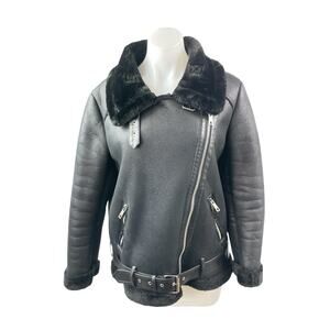 Ly Varey Lin Women's Black Faux Leather Fleece Moto Biker Aviator Jacket Size S
